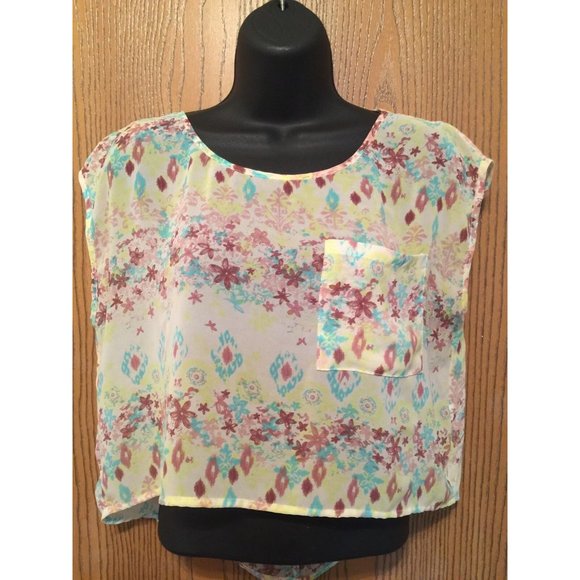 Decree Blouse Womens Size S Sleeveless Yellow Floral Multi Sheer Top Longer Back - Picture 3 of 9